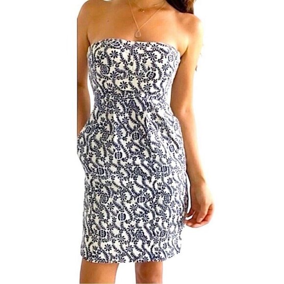 J.CREW Floral Embroidered Strapless Dress Ivory Blue MODAL Size 10 - Picture 1 of 15